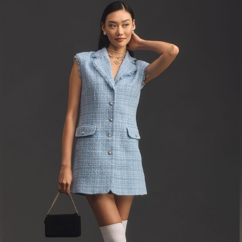Maeve by Anthropologie Sleeveless Tweed Blazer Mini Dress in Light Blue NWOT